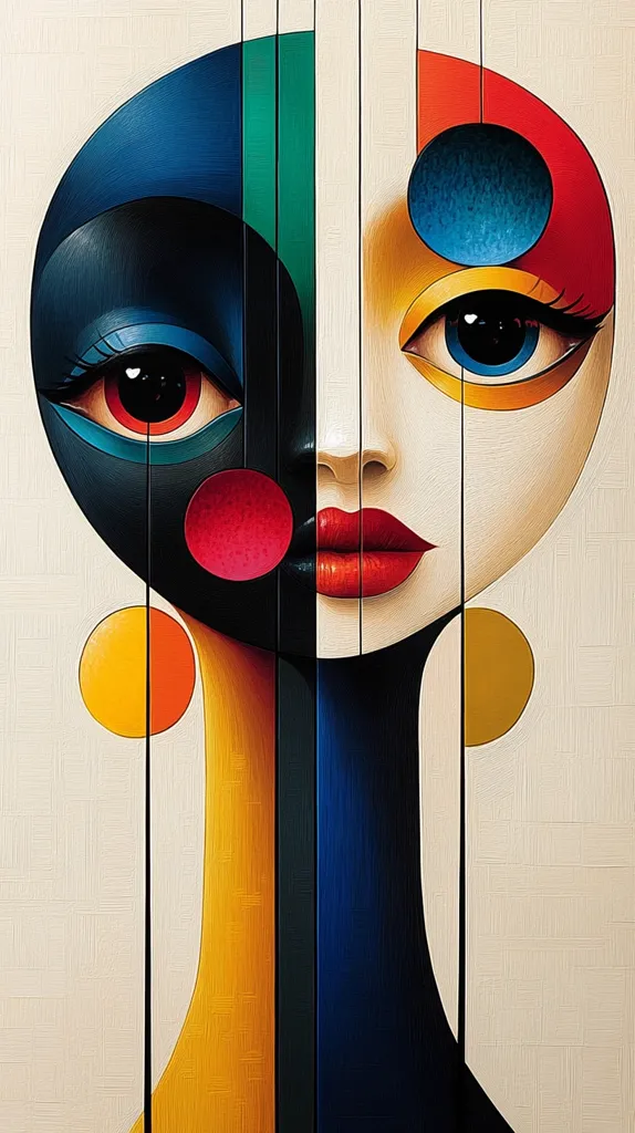 A stylized portrait combines two faces, one dark and one light, divided by vertical lines.  Bold, geometric shapes and vibrant colors—deep blues, reds, oranges, and yellows—create a striking contrast.  Circular elements punctuate the composition, adding a sense of playful balance. The overall effect is a modern and intriguing piece of abstract art.