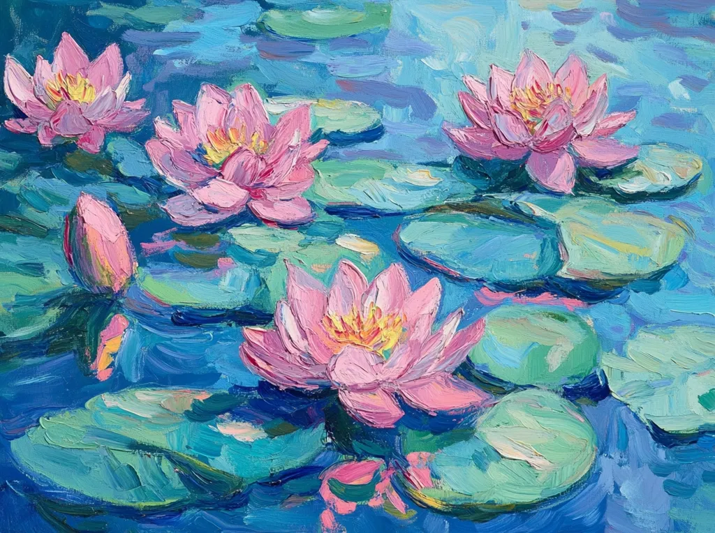 A vibrant oil painting depicts pink water lilies in full bloom, nestled amongst their large, green lily pads on a bed of turquoise water.  The artist uses thick, visible brushstrokes to create a textured and dynamic scene.  The water lilies are rendered with delicate detail, contrasting with the bold strokes of the water and pads.  The overall impression is one of serene beauty and lively energy.