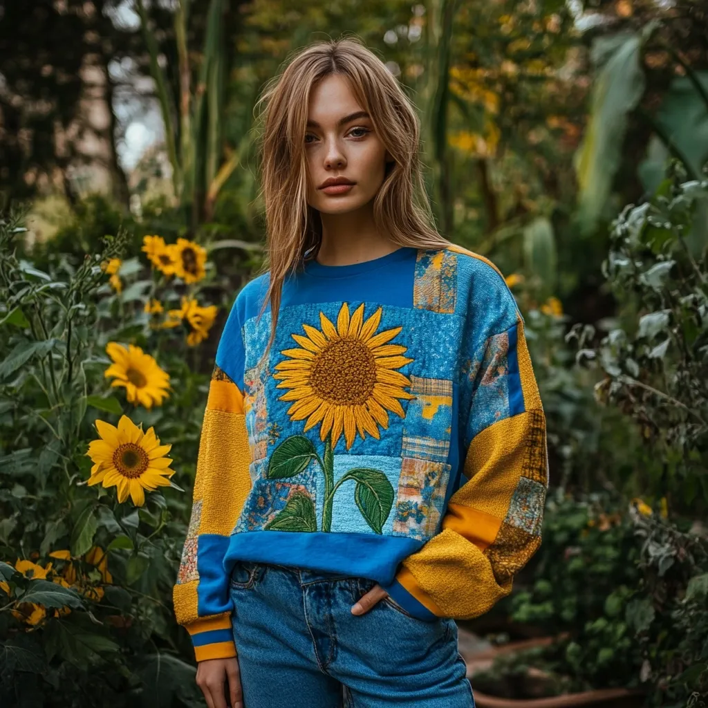 A young woman with long light brown hair stands in a garden amongst sunflowers. She wears a blue and gold patchwork sweatshirt featuring an embroidered sunflower.  The sweatshirt's sleeves are a mustard yellow, contrasting with the blue body and intricately stitched floral design. She's wearing blue jeans, completing a casual yet stylish look. The garden setting adds a natural and vibrant backdrop.
