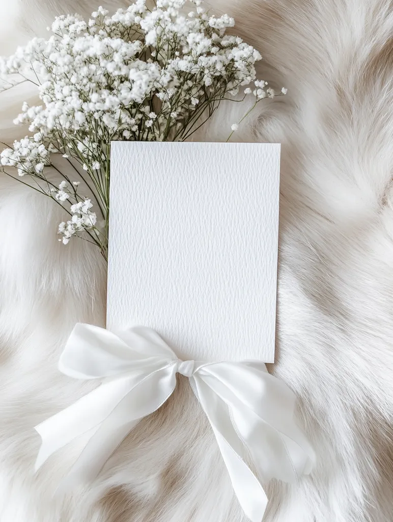 A blank white card with a white satin ribbon bow rests on a fluffy white fur background.  A bouquet of delicate white baby's breath flowers is artfully positioned behind the card, adding to the elegant and minimalist aesthetic. The overall image evokes feelings of purity, simplicity, and sophistication.