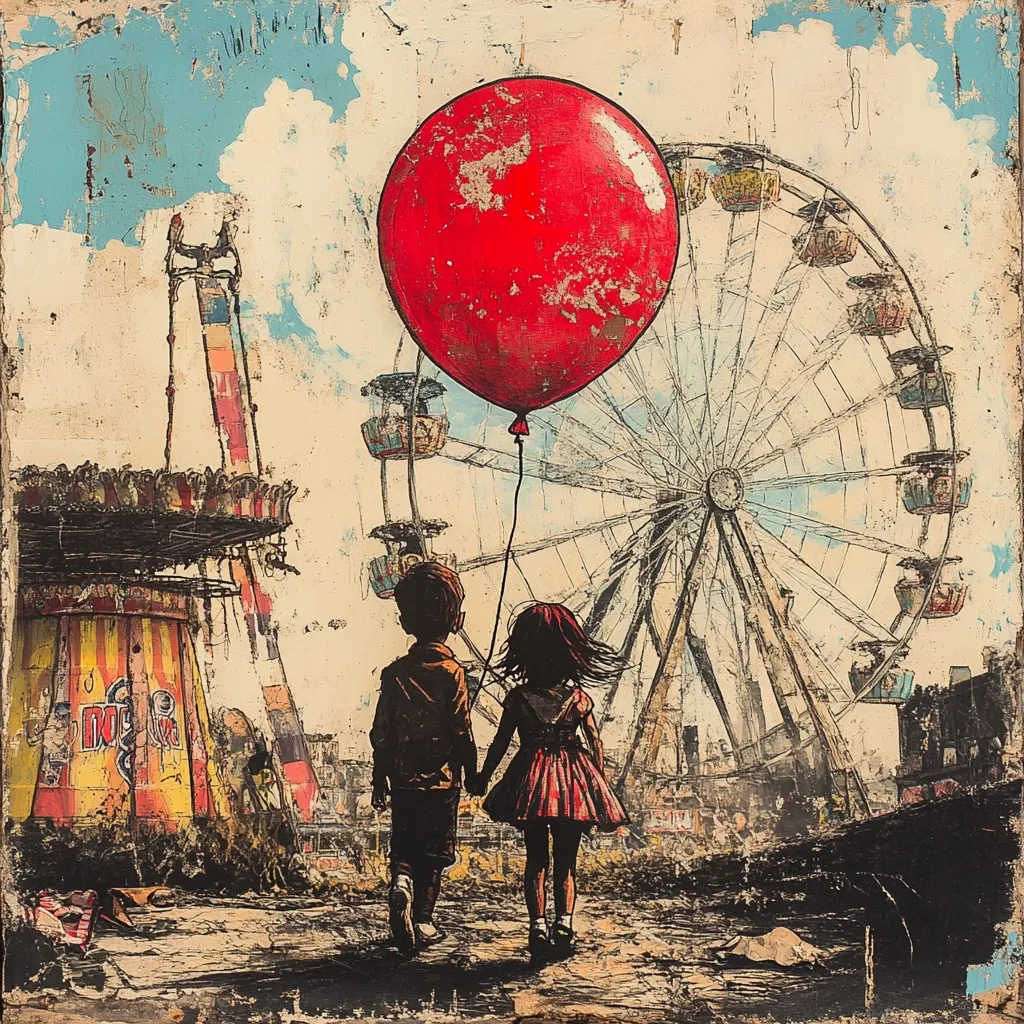 A painting depicts two children holding hands, walking away from a dilapidated amusement park.  A large, red, weathered balloon floats between them, against a backdrop of a Ferris wheel and decaying rides. The scene is rendered in a textured, distressed style, suggesting a post-apocalyptic or abandoned setting. The overall mood is melancholic yet hopeful, the balloon a symbol of resilience amidst destruction.