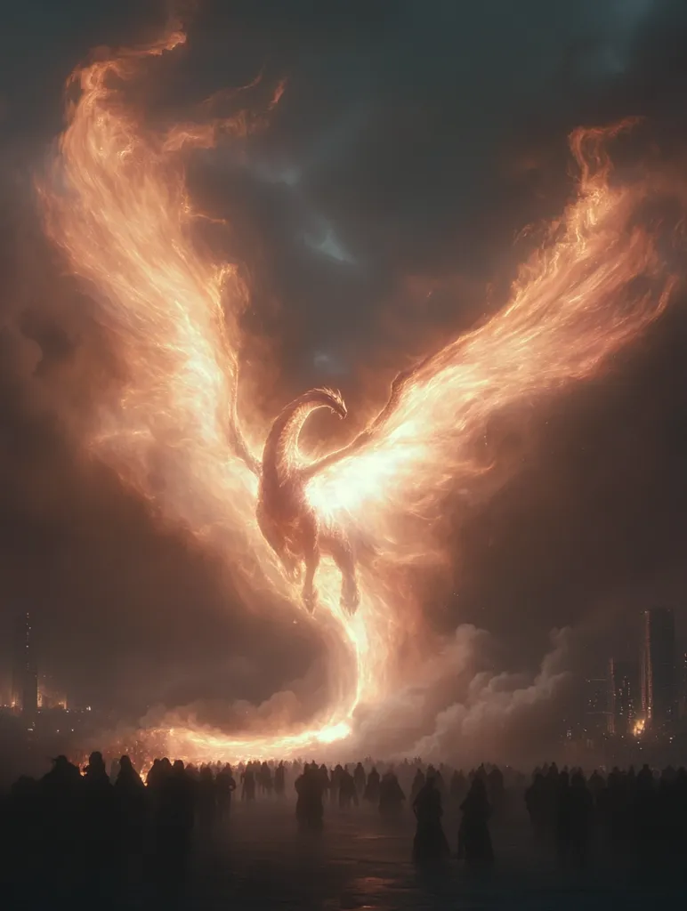 A fiery dragon, engulfed in flames, descends from a stormy sky.  Its massive wings spread wide, casting an orange glow upon a city in the distance.  A crowd of silhouetted figures observes the breathtaking and slightly ominous spectacle below, shrouded in mist and smoke. The scene is dramatic and evokes a sense of awe and impending event.