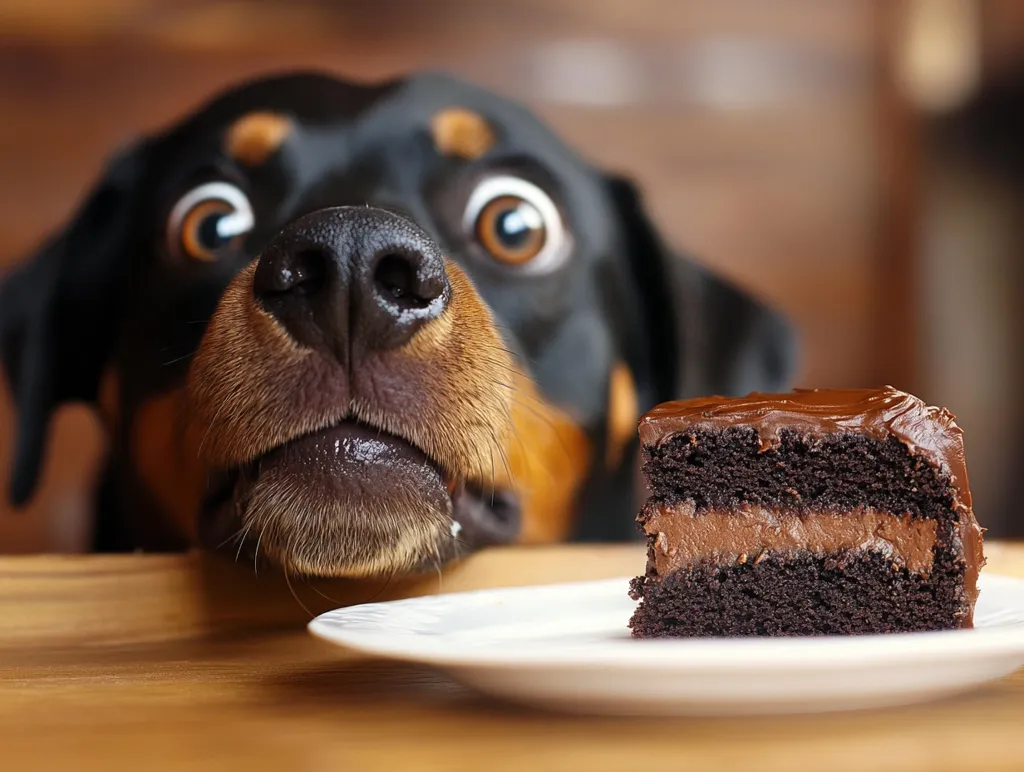 A close-up shot reveals a curious dog with wide, expressive eyes peering intently at a slice of decadent chocolate cake on a white plate.  The dog's nose and mouth are prominently featured, conveying its intense interest in the tempting treat. The scene is set on a warm-toned wooden table.  The focus is sharply on both the dog and the cake, creating a humorous and appealing image.