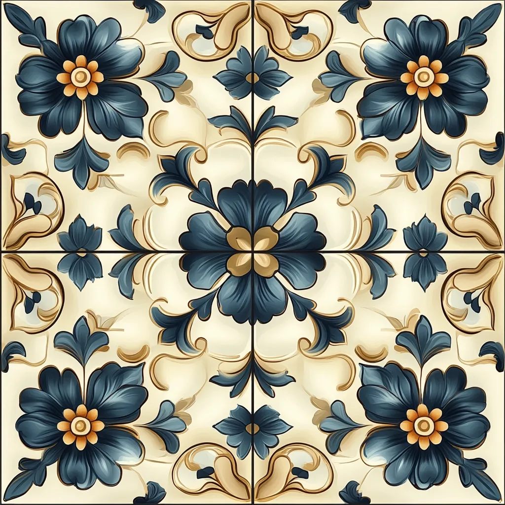 A square tile design features a symmetrical pattern of dark teal and gold flowers.  The floral motifs are intricately detailed, with swirling gold leaves and smaller accent flowers arranged around a central, larger bloom.  The cream-colored background provides a striking contrast to the rich colors of the design, creating a luxurious and elegant aesthetic reminiscent of traditional tilework. The pattern is seamlessly repeated, creating a tileable texture.