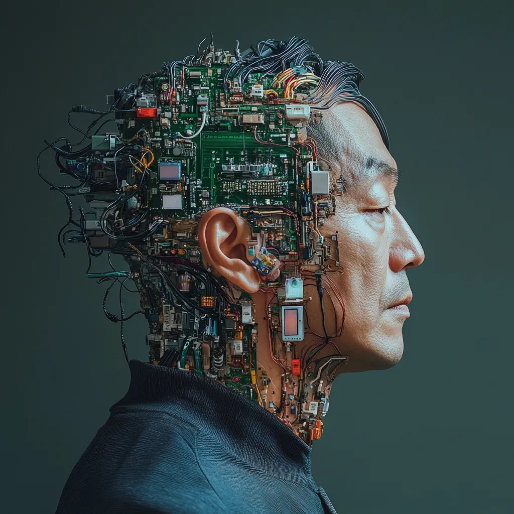A profile view of a man's head seamlessly integrated with complex circuitry and electronic components.  His hair blends into the intricate wiring, and circuit boards replace his skull, creating a striking image of human-machine fusion. The man's expression is serene, contrasting with the technological elements that form his new anatomy. The overall effect is a surreal and thought-provoking depiction of advanced technology and human evolution.