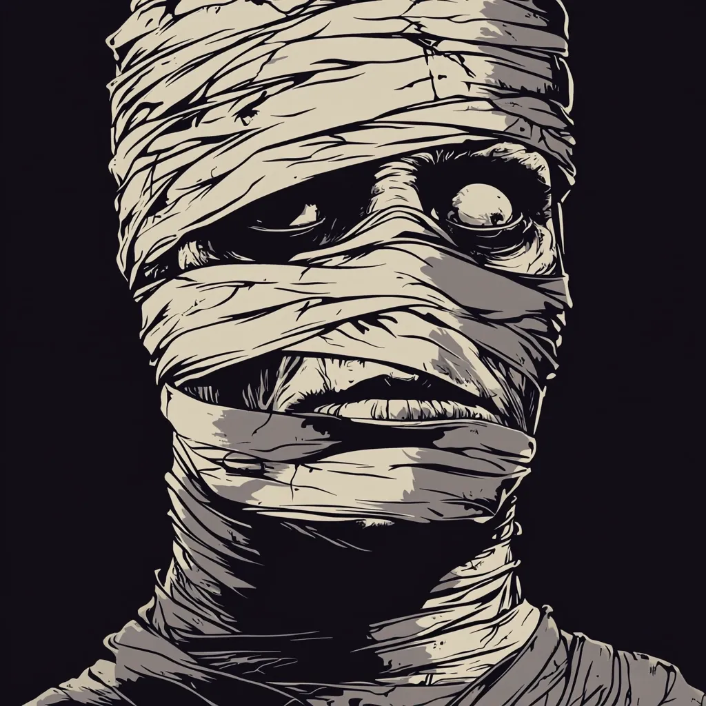 A stylized illustration depicts a mummy's head and shoulders against a black background.  The mummy is rendered in shades of gray and beige, with detailed, textured bandages.  One eye is visible, adding to the creature's unsettling, yet captivating presence. The style is reminiscent of graphic novel art or a horror movie poster. The image evokes a sense of mystery and the macabre.