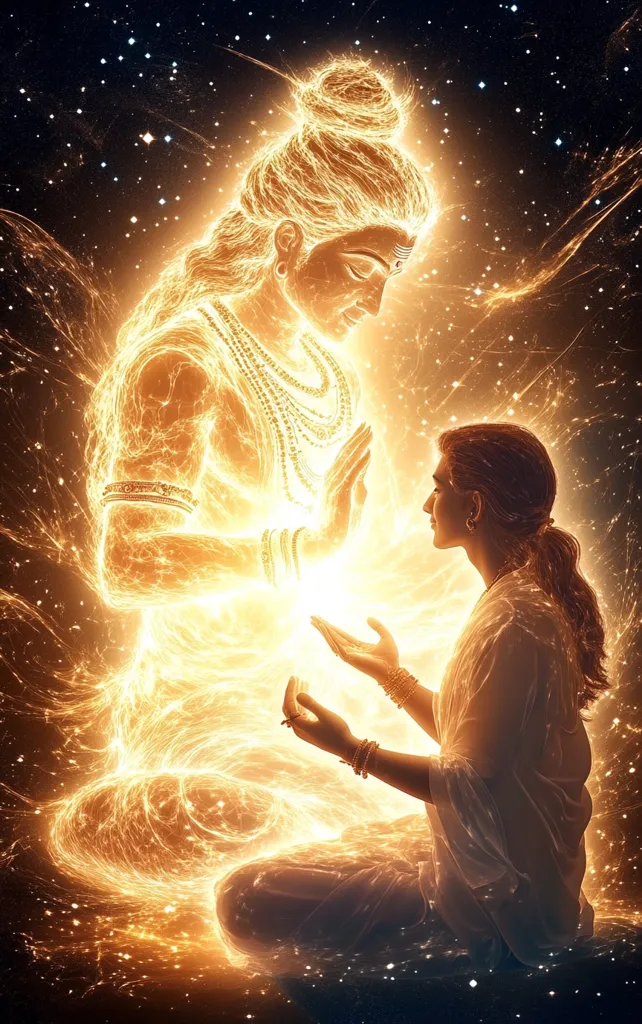 A radiant, luminous figure, possibly representing a Hindu deity like Shiva, is depicted in a cosmic setting.  The deity, enveloped in fiery energy, is bestowing blessings upon a seated individual, who reverently receives the energy with open palms.  The scene is filled with swirling light and stars, creating a mystical and spiritual atmosphere.  The image suggests a transfer of divine power or enlightenment.