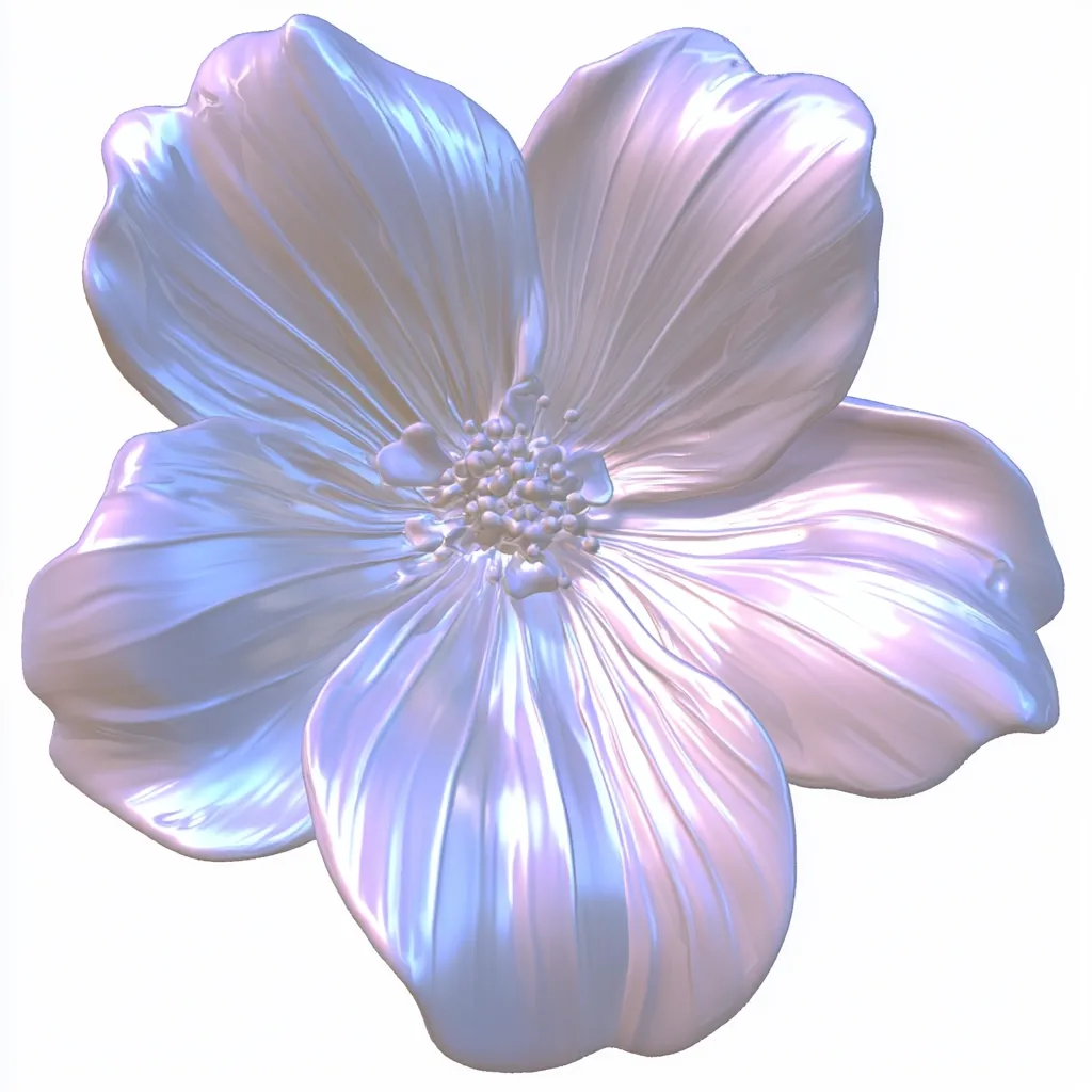 A stylized, iridescent flower, possibly a dogwood, is presented against a white background.  The petals are smooth and sculpted, exhibiting a pearlescent sheen with shades of lavender and white.  The flower's center is detailed with smaller, textured elements, adding depth to the three-dimensional design. The overall effect is one of elegant, ethereal beauty.