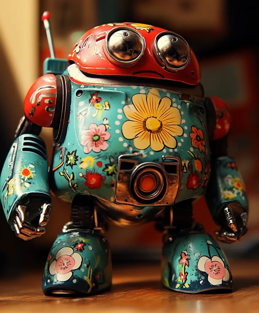 A charming, hand-painted robot toy stands on a wooden surface. Its body is teal, adorned with vibrant floral patterns in pinks, yellows, and oranges.  The head is red with large, reflective eyes, giving it a whimsical, slightly sad expression.  Metallic details and a small antenna add to its unique, handcrafted appeal. The robot's design blends vintage aesthetics with playful artistry.