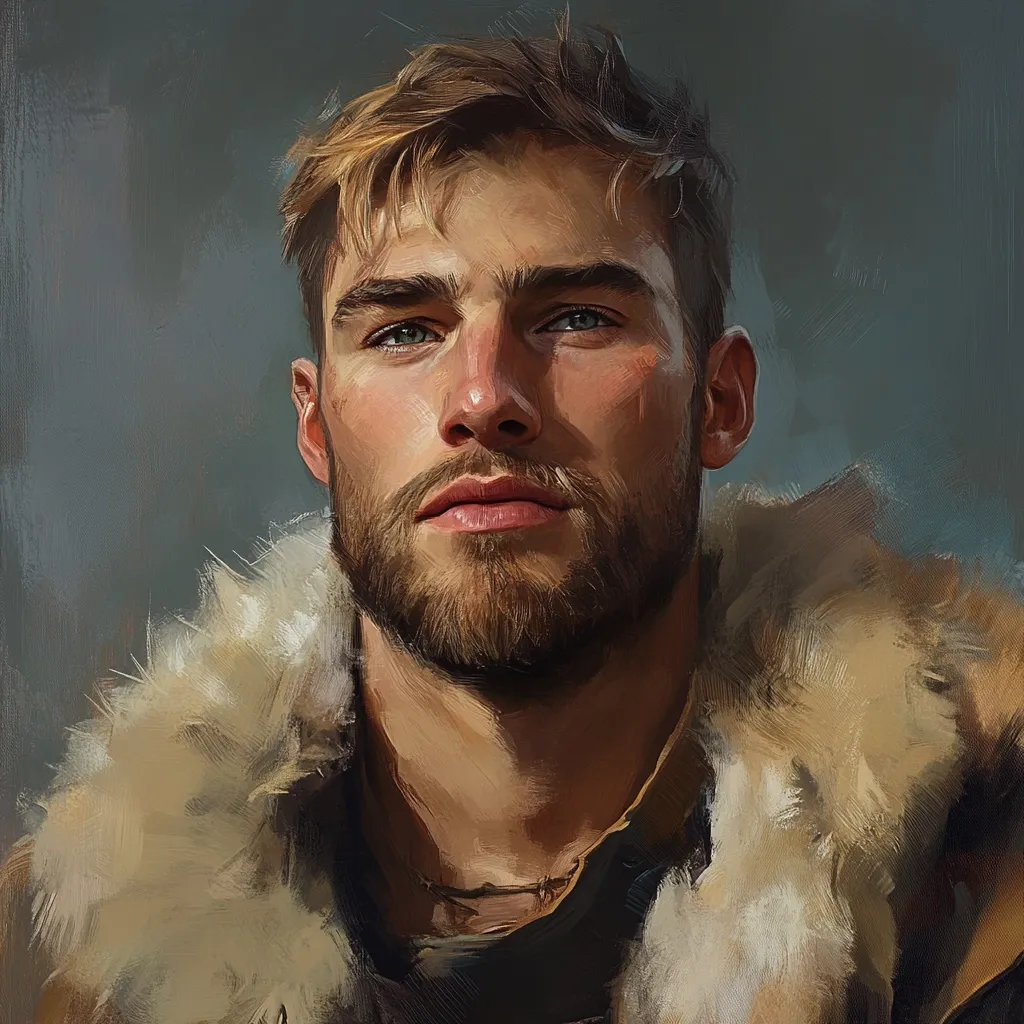 A digital painting depicts a young man with light skin, blonde hair, and a full beard. His blue eyes gaze directly at the viewer.  He wears a fur-collared jacket, suggesting a rugged or outdoorsy persona. The painting style is realistic with a focus on soft light and shadow, emphasizing the texture of the fur and the man's facial features.  The overall mood is serious and contemplative.
