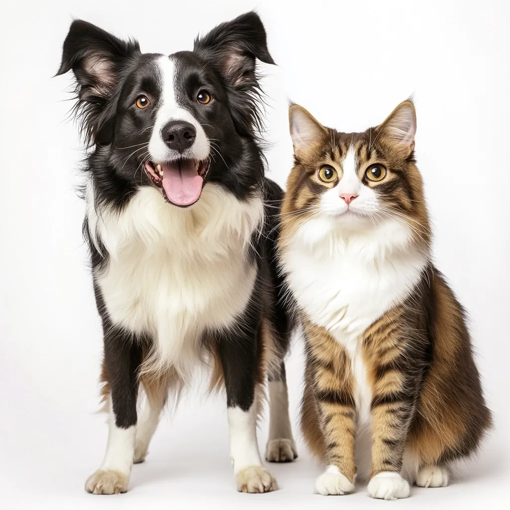 A black and white Border Collie stands next to a long-haired brown tabby cat against a white background.  Both animals are looking directly at the camera. The dog has its tongue slightly out, appearing happy and friendly. The cat has a calm and composed expression.  They appear to be well-groomed and in good health.