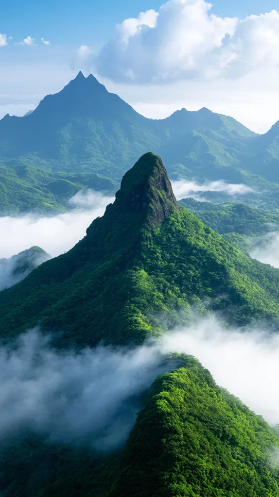 A majestic, verdant mountain peak rises dramatically from a sea of clouds, its lush slopes contrasting sharply with the misty valleys below.  Surrounding mountains stretch into the distance under a bright, partly cloudy sky. The scene is one of serene beauty and breathtaking natural grandeur.  The rich green of the foliage and the ethereal quality of the clouds create a visually stunning landscape.
