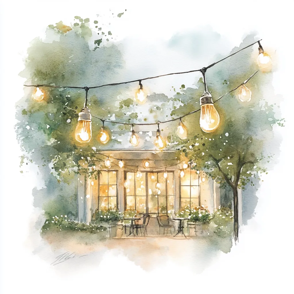 A watercolor painting depicts a charming outdoor patio scene at twilight. String lights illuminate the space, casting a warm glow on the patio furniture and surrounding greenery.  The building features large windows, also glowing from within. The overall style is soft and romantic, creating a peaceful ambiance.