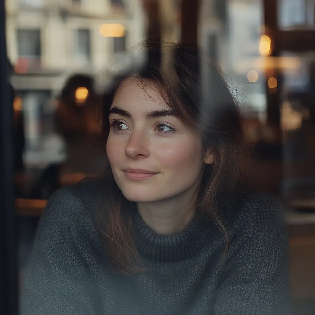 A young woman with brown hair and fair skin gazes thoughtfully out a window, her expression serene.  She wears a dark gray knit sweater. The background is blurred, showing a dimly lit interior space with city lights visible through the window, creating a soft, atmospheric effect.  Her face is partially obscured by the glass, adding to the image's contemplative mood.