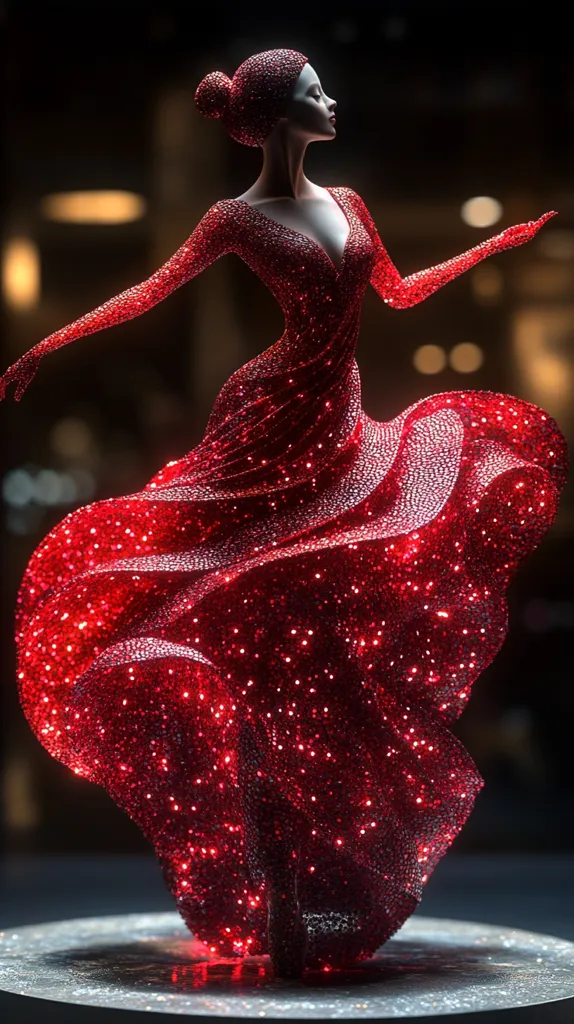 A stunning sculpture of a woman in a flowing red dress. The dress is meticulously crafted from countless sparkling red crystals, creating a dazzling effect. The woman's pose is elegant and graceful, her head tilted slightly upward.  The dark background enhances the brilliance of the sculpture, making it a captivating piece of art.  The overall impression is one of luxury and sophistication.