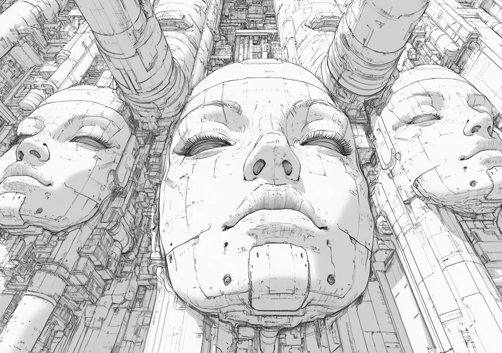 A grayscale illustration depicts a colossal, serene female face at the center, its features meticulously detailed in a mechanical style.  Flanking it are smaller, similar faces, all embedded within a complex, intricate network of pipes and structures, suggesting a futuristic, possibly dystopian, cityscape built into or around the faces.  The overall style is reminiscent of architectural schematics or a highly detailed blueprint.