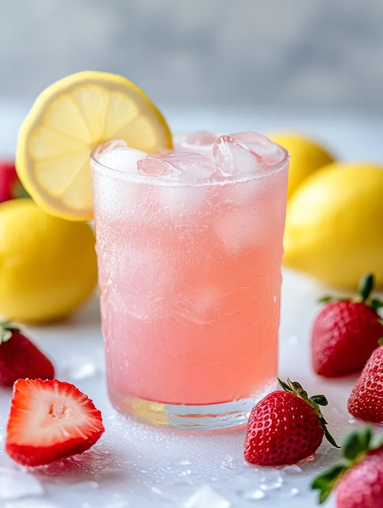 A refreshing pink strawberry lemonade sits in a glass, garnished with a lemon wedge.  Ice cubes are visible within the drink.  Fresh strawberries and lemons surround the glass, adding to the vibrant summery scene.  Water droplets on the surface suggest a cold and thirst-quenching beverage.