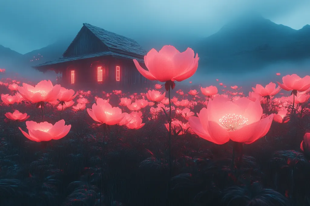 A digitally created image depicts a rustic wooden house with glowing red windows nestled in a field of large, luminous pink flowers. The scene is bathed in a soft, ethereal light, with a misty, mountainous backdrop under a twilight sky.  The flowers radiate an inner glow, creating a surreal and dreamlike atmosphere. The overall mood is serene and slightly mysterious.