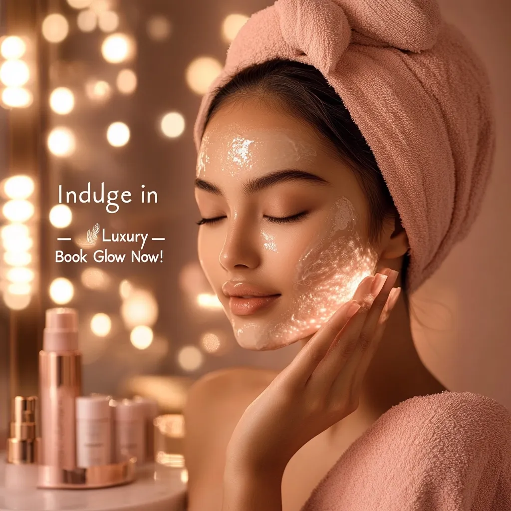 A woman with a pink towel wrapped around her head applies a glowing face mask.  The image promotes a luxury skincare experience with the text "Indulge in Luxury – Book Glow Now!"  Bottles of skincare products are subtly displayed in the background, suggesting a spa or beauty treatment. The warm lighting and soft focus enhance the luxurious feel.