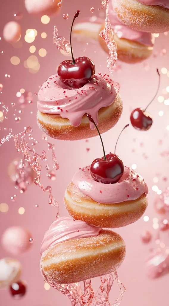 Pink doughnuts with a sugary coating are adorned with fresh cherries and a light pink frosting.  They're suspended mid-air, seemingly splashing in a pink liquid, against a blurred pink and gold background.  The image is visually stunning, emphasizing the deliciousness and vibrancy of the pastries.  Sprinkles add to the overall festive and sweet aesthetic.
