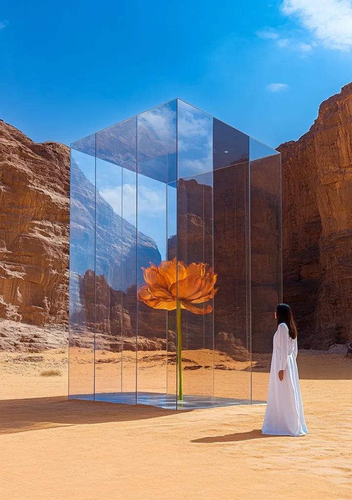 A large glass cube stands in a desert landscape, reflecting the surrounding red rock formations. Inside, a giant orange flower is displayed. A woman in a white dress observes the artwork from a distance, creating a striking contrast between the natural environment, the modern art installation, and the solitary figure. The scene evokes a sense of serenity and contemplation.