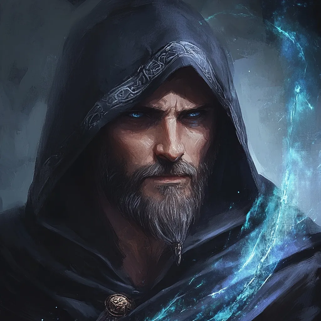 A digital painting depicts a stern, bearded man with piercing blue eyes.  He's shrouded in a dark, hooded cloak adorned with intricate silver detailing.  An ethereal, cyan energy flows around him, suggesting magical abilities. His intense gaze and serious expression convey power and mystery, characteristic of a powerful wizard or sorcerer. The artistic style is painterly, with visible brushstrokes adding depth and texture.