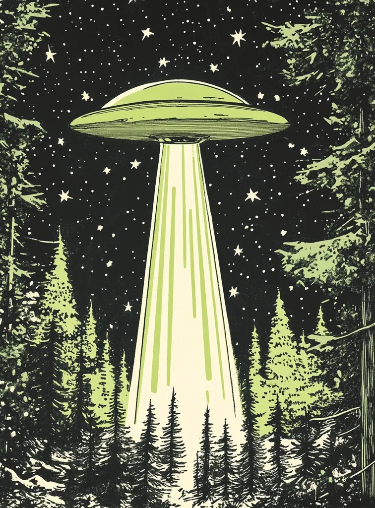 A retro-styled illustration depicts a flying saucer hovering over a dark forest at night.  A bright, luminous beam emanates from the craft, illuminating the evergreen trees below. The starry night sky provides a dramatic backdrop, enhancing the mysterious and otherworldly atmosphere of the scene. The style is reminiscent of vintage science fiction artwork.