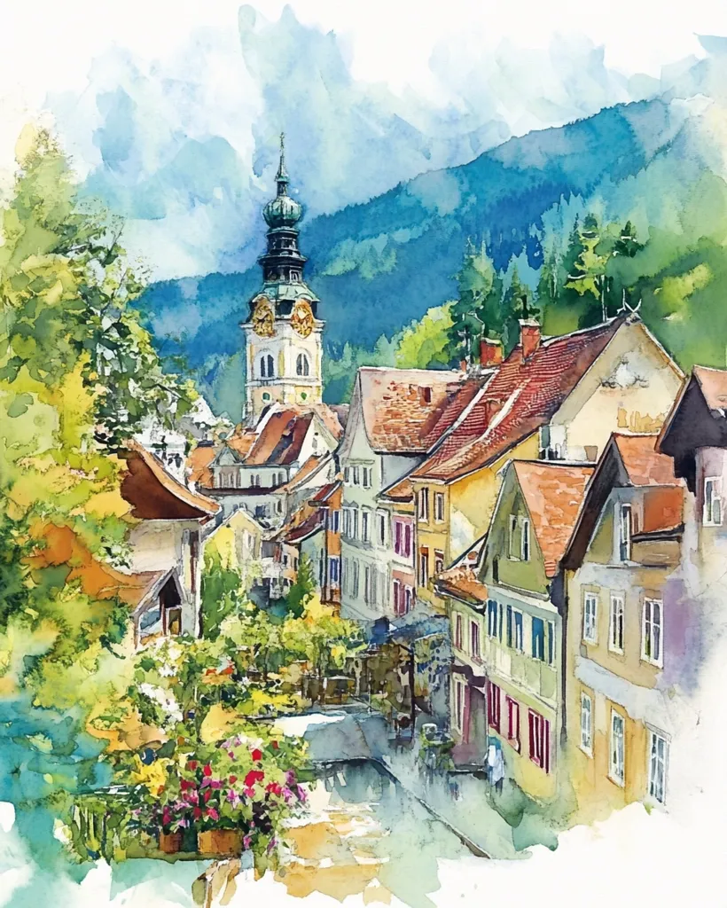 A watercolor painting depicts a charming European village nestled in a valley.  Colorful buildings with red-tiled roofs line a cobblestone street, leading towards a tall church steeple. Lush green trees and vibrant flowers add to the idyllic scene, set against a backdrop of rolling green mountains.  The style is loose and impressionistic, capturing the light and atmosphere of a picturesque town.