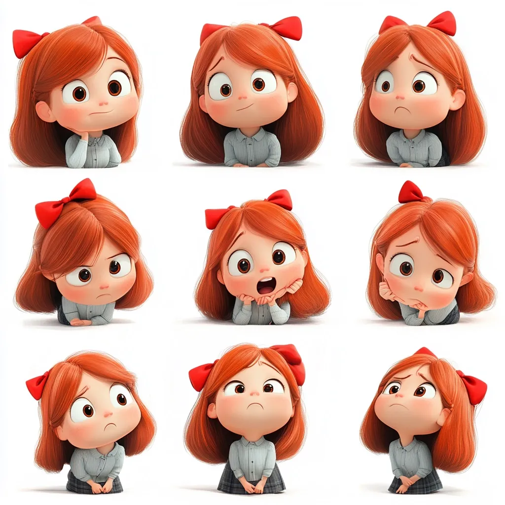 Nine images showcase a 3D-rendered girl with vibrant orange hair and red bows.  Each image portrays a different facial expression, ranging from pensive and thoughtful to surprised and upset. The girl is consistently dressed in a grey collared shirt and a dark-colored skirt.  The images are set against a clean white background, highlighting the variations in her emotional expressions.