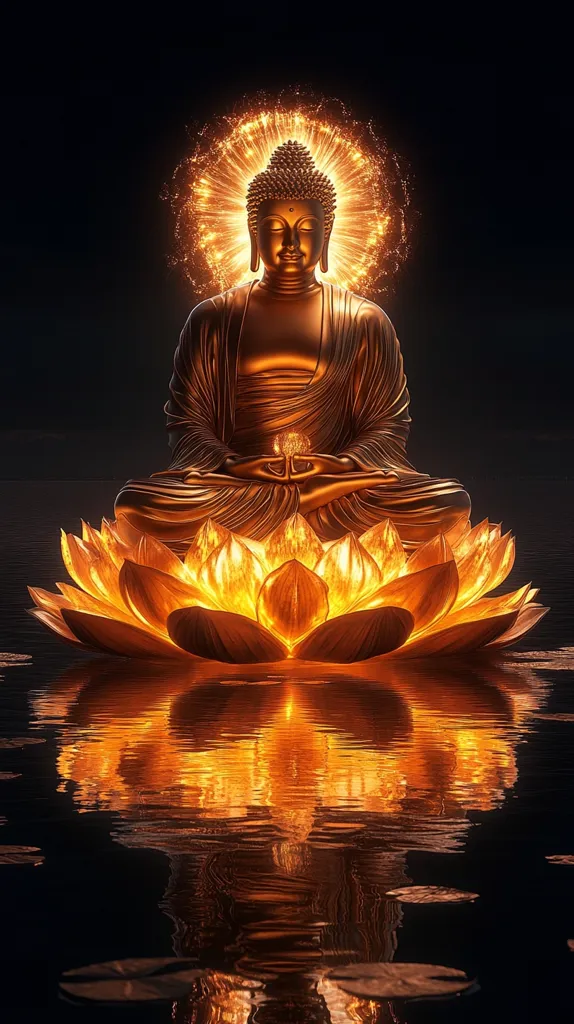 A golden Buddha statue sits serenely atop a luminous orange lotus flower, encircled by a radiant halo of light.  The scene is reflected in calm, dark water, creating a visually stunning and spiritually evocative image. The statue's peaceful posture and the warm glow of the lotus and halo convey a sense of tranquility and enlightenment.