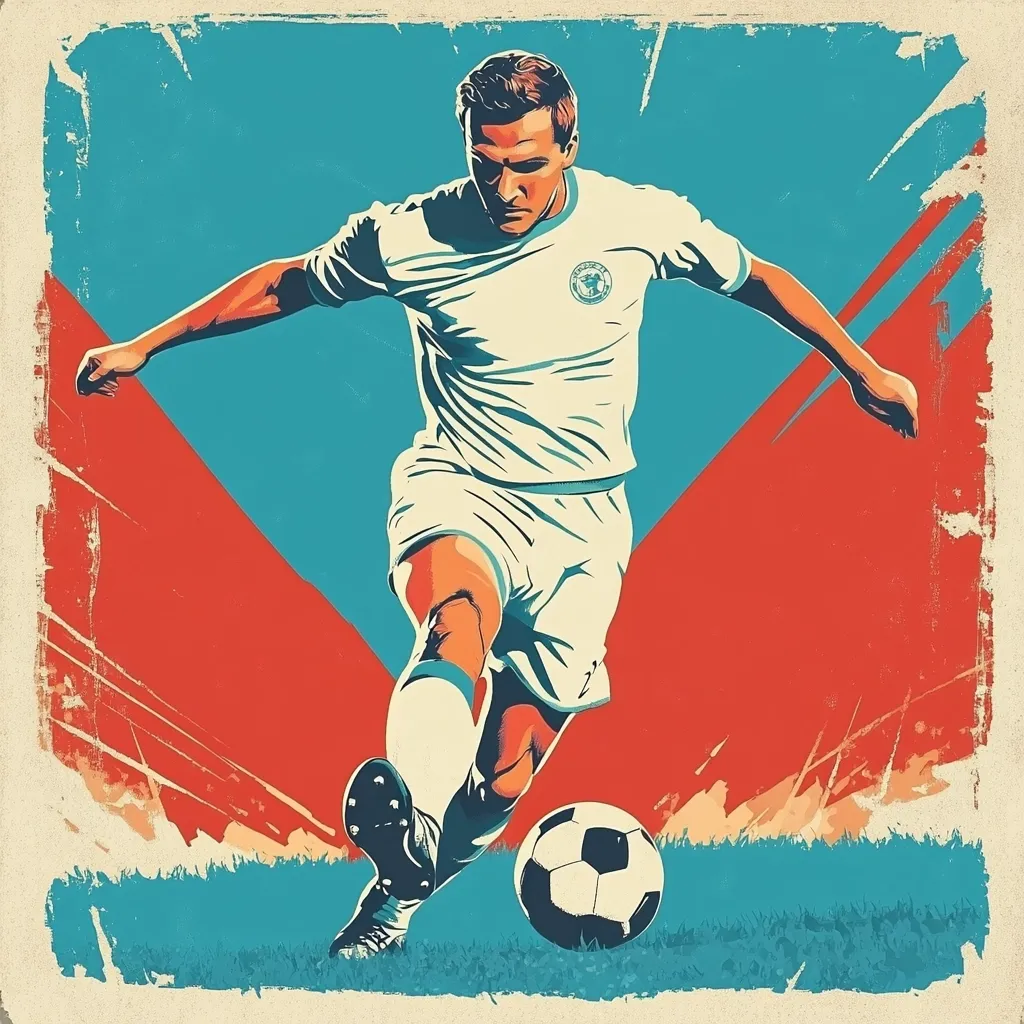 A stylized illustration of a soccer player in a white jersey kicking the ball.  The vibrant artwork uses a retro color palette of teal, red, and cream, reminiscent of vintage sports posters. The player is depicted mid-stride, his body dynamic and focused, against a dynamic background suggesting movement and energy.  The overall style is bold and expressive.