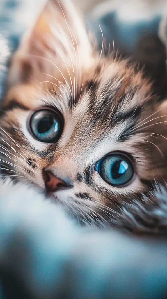 A close-up shot reveals a charming kitten nestled in a soft, blue blanket.  Its captivating blue eyes are wide and expressive, framed by soft, brown and white fur. The kitten's delicate features and innocent gaze create an adorable and heartwarming image.  The blurred background emphasizes the kitten's cuteness.