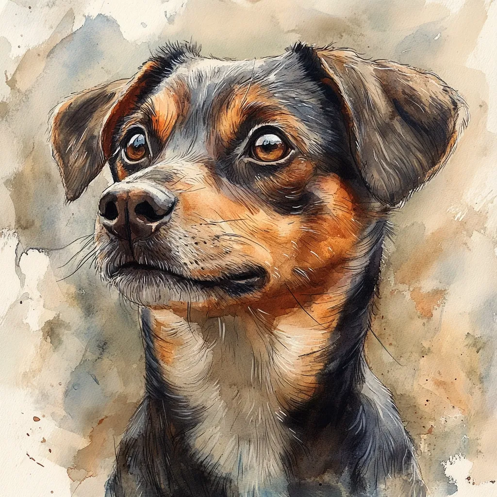 A watercolor painting depicts a small dog, possibly a terrier mix, with dark brown and tan fur.  Its expressive brown eyes gaze upward, and its muzzle is delicately rendered. The artist uses a loose, impressionistic style, with soft washes of color and visible brushstrokes in the background, contrasting with the detailed depiction of the dog's fur.  The overall effect is a charming and evocative portrait of a beloved pet.