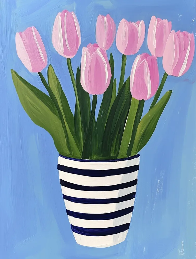 A vibrant painting showcases a bouquet of pink tulips in a striped pot.  The tulips, rendered in bold strokes, are a cheerful pink with hints of white.  Their lush green stems and leaves contrast beautifully against the bright blue background. The pot is a simple, yet stylish, design with thick navy and white stripes. The overall style is modern and playful.