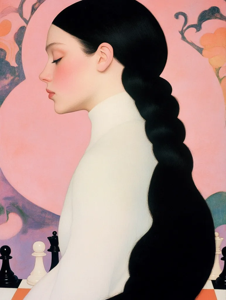 A stylized portrait of a woman in profile, her long black braid cascading down her back. She wears a white turtleneck sweater against a soft pink background featuring abstract floral shapes.  Chess pieces are partially visible in the lower left corner, suggesting a game in progress. The painting employs smooth brushstrokes and a limited color palette, creating a serene and elegant atmosphere.