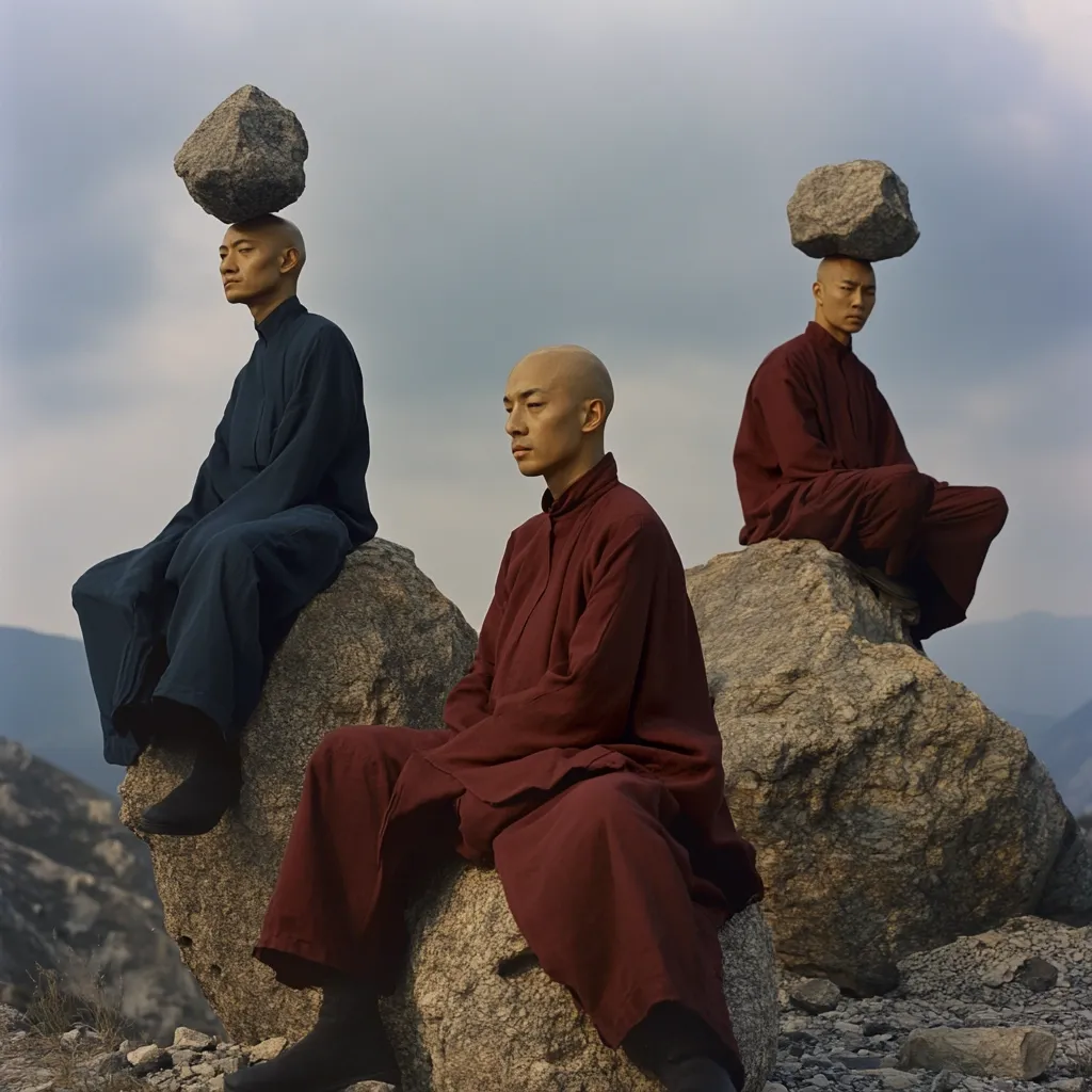 Three bald-headed men, dressed in long, loose robes, meditate atop large rocks in a mountainous landscape.  Two men wear dark blue robes, one maroon. Each has a rock balanced precariously on their head.  The scene evokes a sense of serenity and spiritual practice against a backdrop of cloudy sky and rugged terrain.