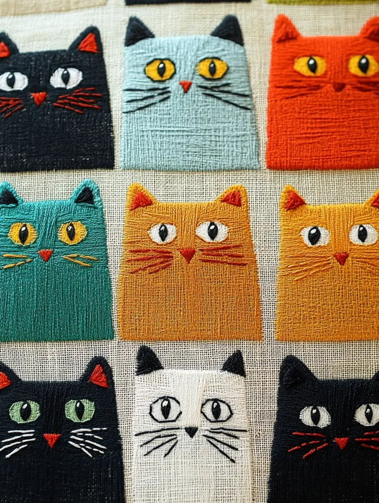 A textile artwork features a grid of embroidered cats in various colors.  Each cat is depicted in a simple, stylized manner with large eyes and a minimalist design. The colors include black, teal, orange, gold, light blue, and off-white, creating a vibrant and playful pattern. The cats' faces are stitched onto a neutral-colored fabric background.