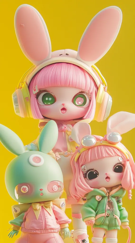 Three adorable pastel-colored bunny-themed figurines are depicted against a vibrant yellow backdrop. The central figure, a pink bunny girl wearing headphones, stands prominently.  Flanking her are two smaller characters: a mint green bunny robot on the left and a pink bunny girl in a green jacket on the right. Their large eyes and sweet expressions create a charming and whimsical scene.  The overall style is cute and playful, with a focus on soft, rounded shapes and bright colors.