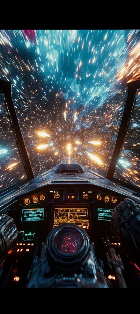 A futuristic spaceship cockpit is shown, hurtling through a vibrant nebula.  Streaks of light, resembling stars and energy trails, fill the view outside the ship's canopy. The cockpit's control panel displays glowing readouts, and the pilot's gloved hands grip the controls. The scene evokes a sense of high-speed travel through space, with intense colors and dynamic motion.