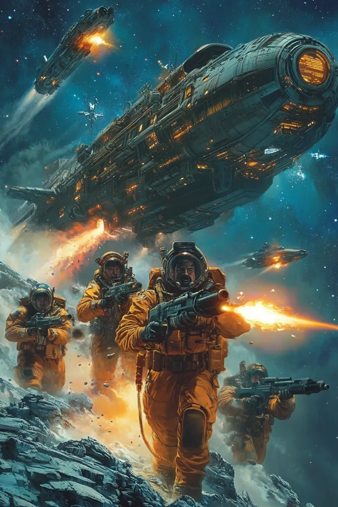 A squad of four astronauts in orange suits, armed with futuristic weaponry, advance across a rugged, icy landscape.  A massive spaceship looms overhead, fiery exhaust trails marking its passage.  Smaller spacecraft are visible in the distant, star-filled sky, suggesting a dynamic, possibly hostile, space battle. The scene evokes a sense of intense action and perilous adventure in a science fiction setting.