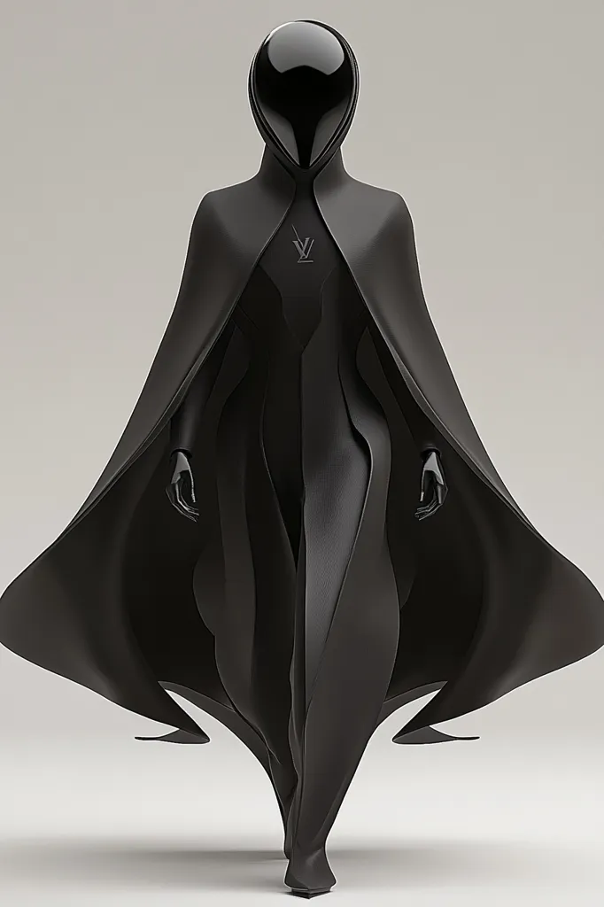 A sleek, black figure, cloaked in a flowing cape, stands against a minimalist gray background.  The figure's head is a smooth, dark orb, and its form is sculpted, almost liquid in its curves.  The cape drapes dramatically, revealing a form-fitting bodysuit underneath. A subtle logo is visible on the chest. The overall aesthetic is futuristic and mysterious.