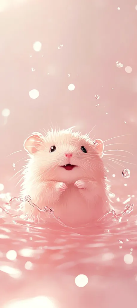 An adorable, fluffy white hamster is depicted joyfully submerged in a pink liquid, possibly water.  The scene is soft and dreamy, with bokeh effects creating a gentle, romantic atmosphere.  Water droplets and splashes surround the happy hamster, enhancing the overall cute and whimsical aesthetic. The pastel pink tones create a calming and heartwarming image.