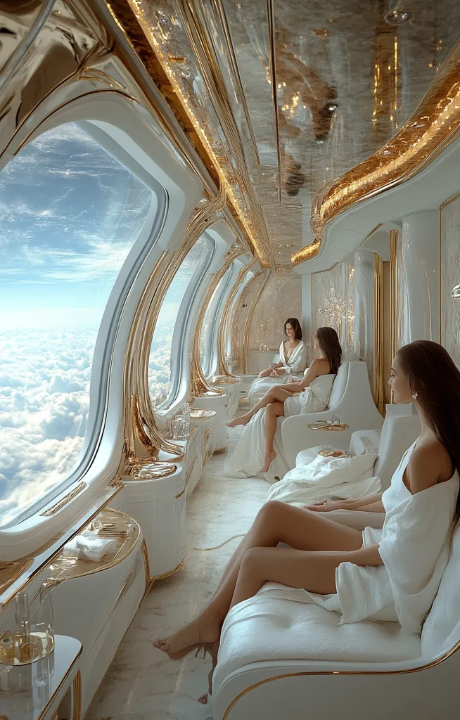 Luxurious private jet interior with gold accents.  Three women in white robes relax on plush white seating, enjoying the breathtaking cloud views through large, curved windows. The opulent space features sleek, modern design and gold detailing, creating a serene and sophisticated atmosphere.  The overall ambiance is one of ultimate comfort and lavish travel.