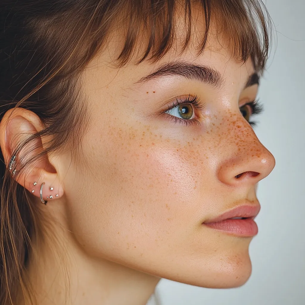 Close-up profile view of a young woman with light skin and freckles.  Her brown hair is parted to the side, with bangs framing her face.  She has several small, silver earrings in her left ear.  Her gaze is directed away from the camera, creating a serene and thoughtful expression.  The lighting emphasizes her skin's texture and subtle glow.