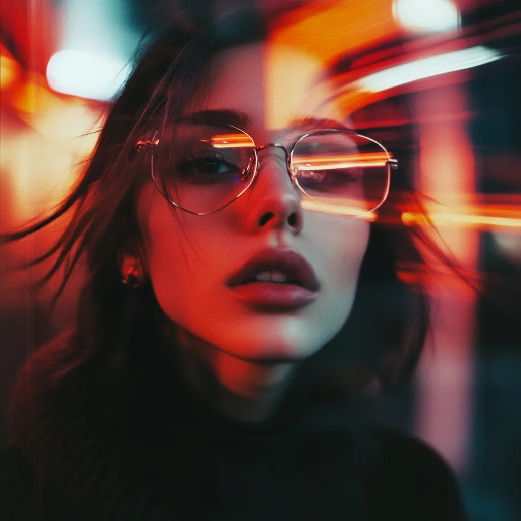 A close-up portrait of a young woman wearing heart-shaped glasses.  Vibrant red and orange neon lights streak across the image, creating a dramatic, almost surreal effect. Her expression is serious, her gaze directed slightly off-camera. The lighting dramatically illuminates her face, casting shadows and highlighting her features. The overall mood is mysterious and captivating.