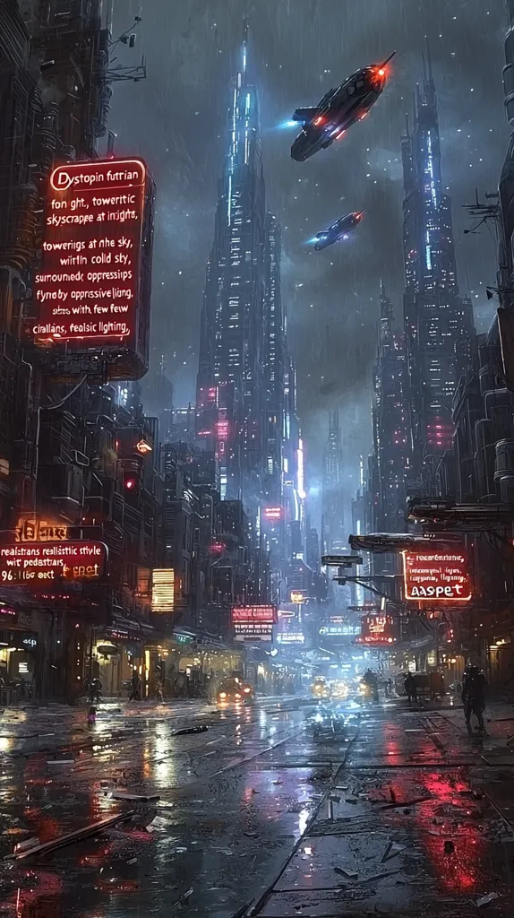 A dystopian futuristic cityscape is depicted under a rainy night sky. Towering skyscrapers dominate the skyline, with flying vehicles soaring overhead. The streets below are wet and reflect the neon lights of the buildings. The scene is bleak, with few pedestrians, creating a sense of oppression and isolation. The image's style is realistic, with detailed architecture and lighting.