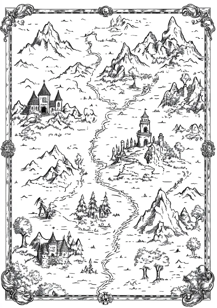 A hand-drawn map depicts a fantasy landscape.  A winding river flows through mountainous terrain, past several castles and small settlements.  The style is reminiscent of medieval cartography, with detailed linework and ornate border.  Mountains are sharply defined, while forests and villages are represented with simpler details. The overall aesthetic suggests a whimsical, adventurous setting.