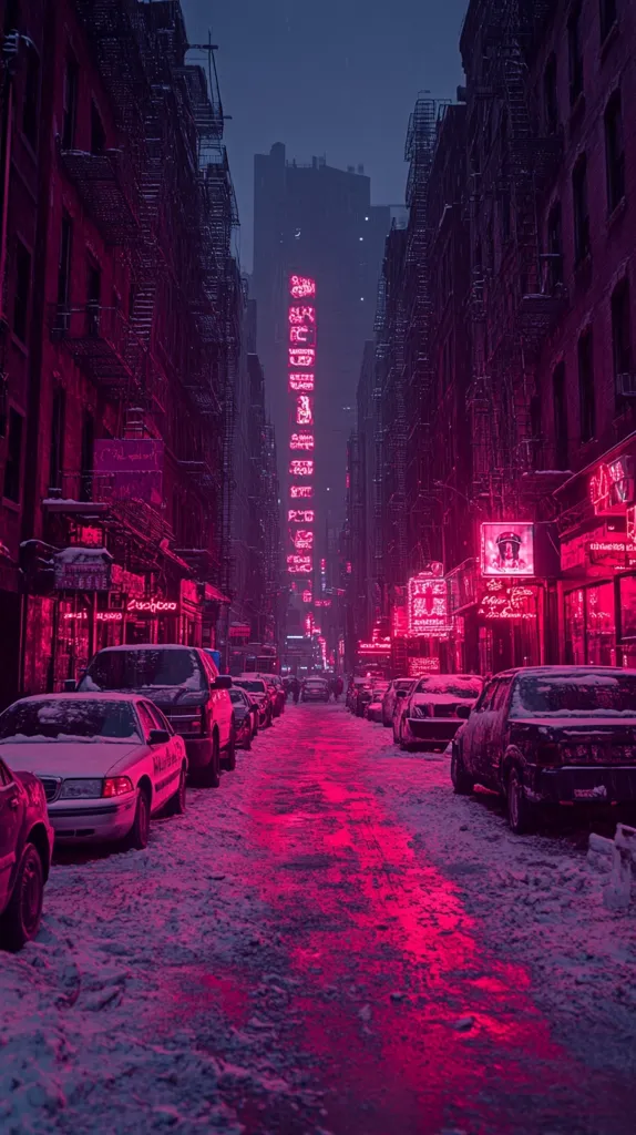 A snow-covered street scene at night, bathed in vibrant pink neon light emanating from numerous signs lining the buildings.  Cars are parked along both sides of the street, their surfaces dusted with snow. The tall buildings create a narrow alleyway effect, enhancing the dramatic lighting. The overall atmosphere is one of a cold, yet strangely alluring, urban nightscape.