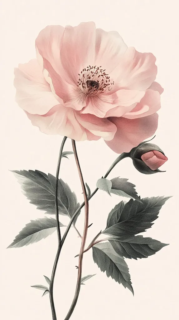 A botanical illustration showcases a delicate pink flower, possibly a rose or similar bloom, in full blossom.  Its soft petals are rendered with subtle shading, and the center reveals intricate details.  The stem, with its dark green leaves, supports both the open flower and a closed bud, adding to the image's graceful elegance. The overall style is reminiscent of vintage botanical prints.