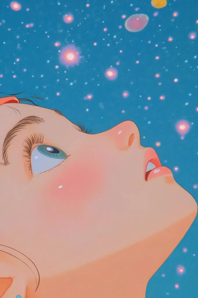 A close-up illustration depicts a girl's face tilted upward, gazing at a vibrant blue sky speckled with glowing particles.  Her soft features, rosy cheeks, and long eyelashes are accentuated against the dreamy backdrop.  The style is reminiscent of anime or manga, with smooth lines and pastel colors creating a serene and whimsical mood. The overall impression is one of wonder and peaceful contemplation.